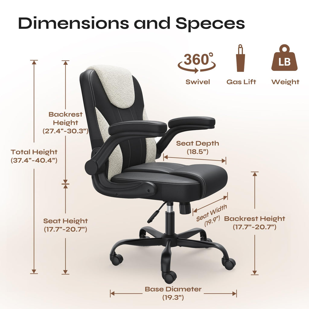 PU Leather Mid-Back Office Chair, Flip-Up Arms, 3.5" Dual-Layer Cushion