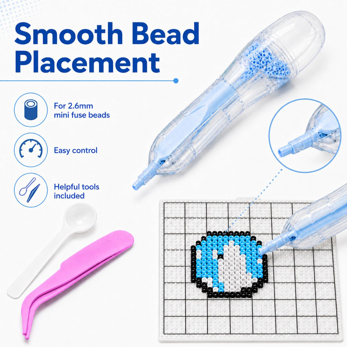 2.6mm Fuse Bead Pen with 4 Swappable Lidded Compartments for Mini Fuse Beads, Quick Color Switching, Precise and Easy Bead Placement Tool, Gift for Bead Art Lovers, Blue