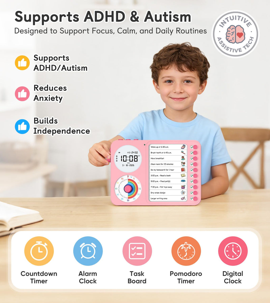 3-in-1 Visual Timer & ADHD Tool for Kids – ADHD Task Timer for Adults with Visual Schedule, Chore Chart & Planning Board for Home, School, Classroom, Work (White)