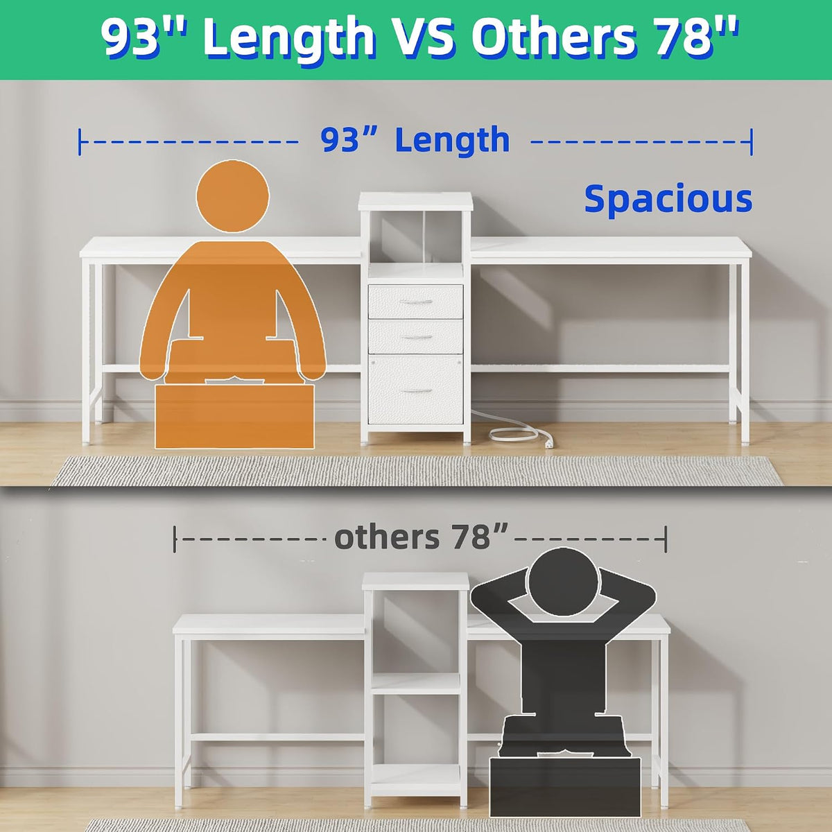 GYIIYUO 93'' Two Person Desk with Charging Station, Long Desk with 3 Drawer