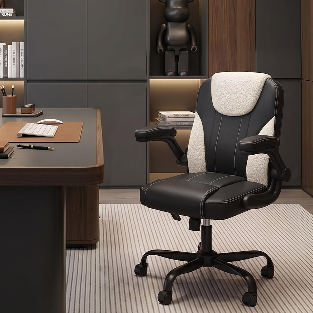 PU Leather Mid-Back Office Chair, Flip-Up Arms, 3.5" Dual-Layer Cushion