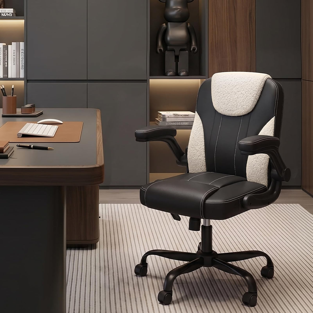 PU Leather Mid-Back Office Chair, Flip-Up Arms, 3.5" Dual-Layer Cushion
