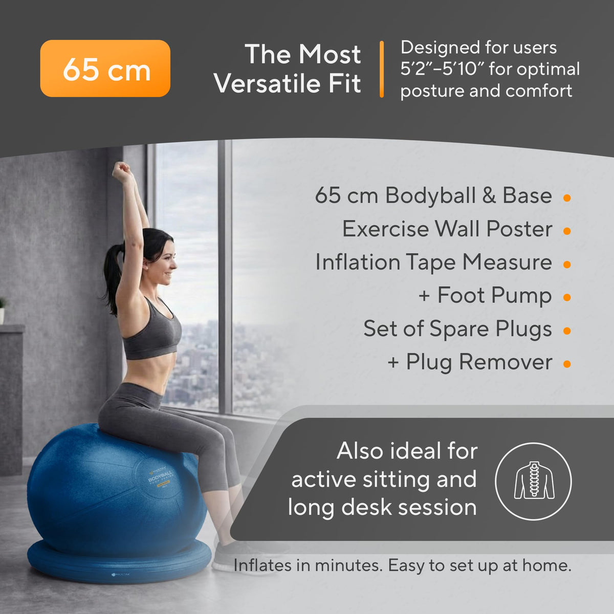 Yoga Ball Chair for Office Desk with Base - Ergonomic Balance & Stability Exercise Ball Seat for Adults - Active Sitting for Posture, Core & Back Pain Relief, Home Gym, Therapy, Pump