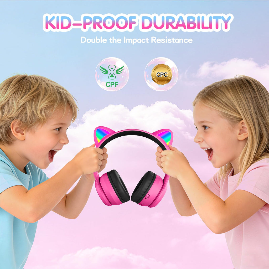 IFECCO Kids Bluetooth Headphones with Case,Cute LED Light Up Cat Ears