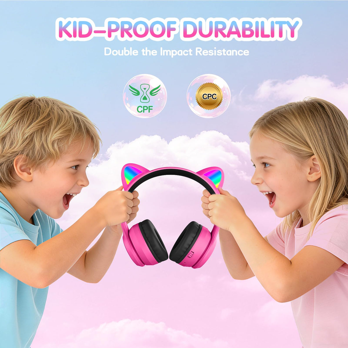 IFECCO Kids Bluetooth Headphones with Case,Cute LED Light Up Cat Ears