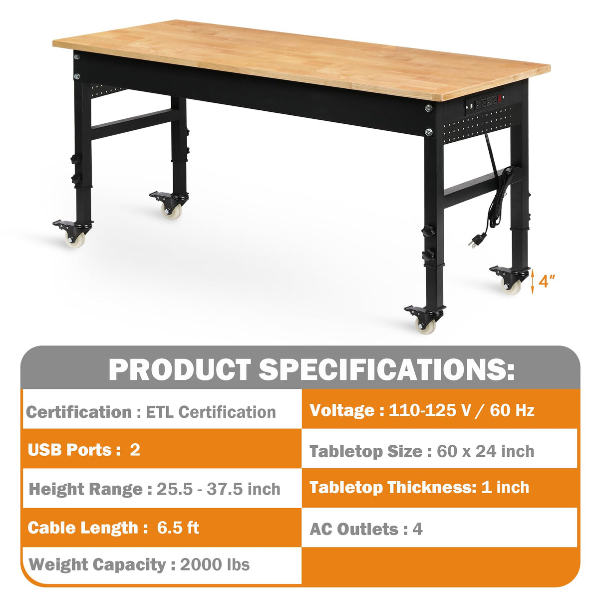 Betterhood 48" Heavy-Duty Adjustable Workbench for Garage, Rubber Wood Shop Table W/Metal Wheels, Hardwood Workstation Weight Capacity Over 2000 Lbs with Wheels