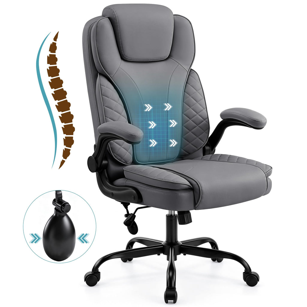Ergonomic Office Chair, PU Leather High Back Executive Chair with Adjustable Inflatable Lumbar Support and Padded Flip-Up Arms, Recline Swivel Task Computer Chair for Home Office, Khaki