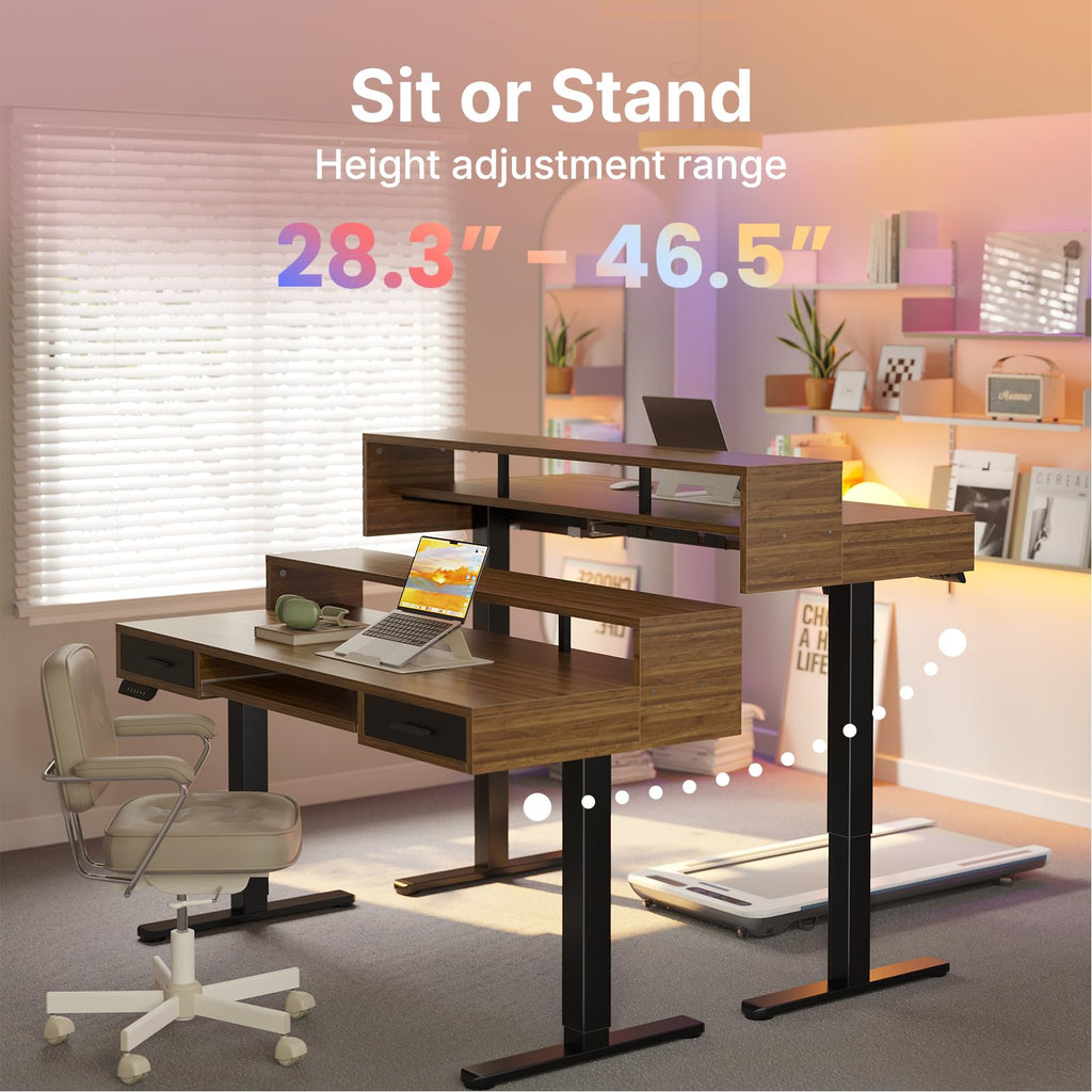 HUANUO 55″ x 26″ Electric Standing Desk with 2 Drawers &24.4″ Large Keyboard Tray, C-Clamp Mount Compatible, Adjustable Computer Desk for Office, Sit Stand Up Desk with 4 Height Presets, Light Walnut