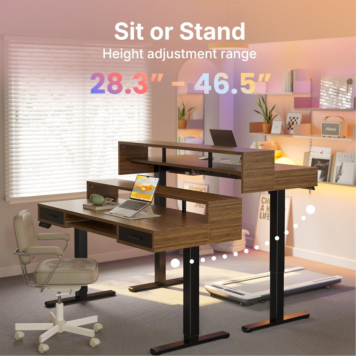 HUANUO 55″ x 26″ Electric Standing Desk with 2 Drawers &24.4″ Large Keyboard Tray, C-Clamp Mount Compatible, Adjustable Computer Desk for Office, Sit Stand Up Desk with 4 Height Presets, Light Walnut