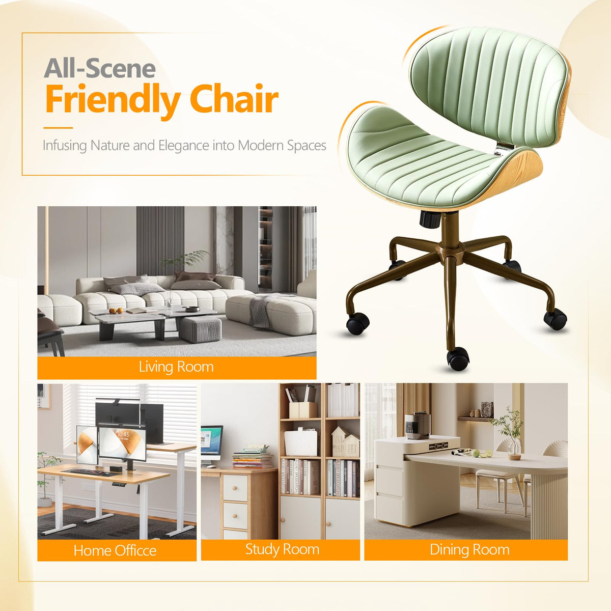 VINGLI Wide Comfotable Swivel Home Office Chair with Wood-Grain Curved Shell,Ergomomic Mid-Back Padded Armless Modern Desk Chair with Wheels,Height Adjustable for Computer,Task,Work,Microfiber,Rustic
