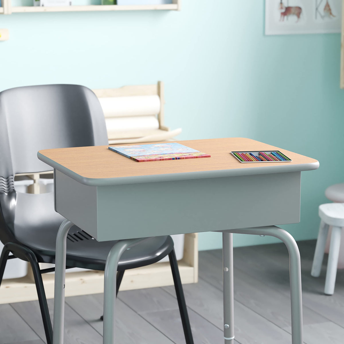 EMMA + OLIVER Adjustable Student Desk with Book Box