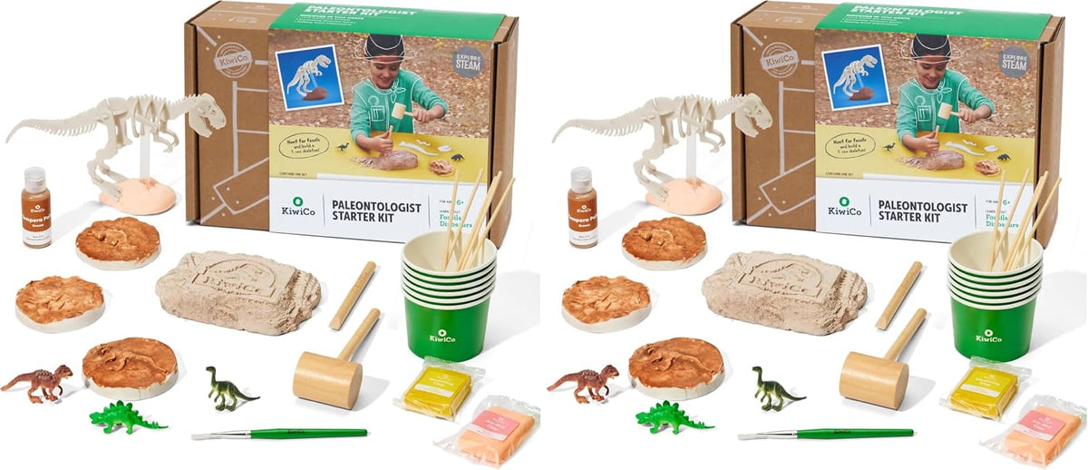 KiwiCo Dinosaur Fossil Dig Kit for Kids Age 6+ | Excavate & Build Dinosaur Skeleton, Make Fossil Impressions | STEM Paleontology Science Kit & Gift with Dinosaur Facts Poster (Pack of 2)