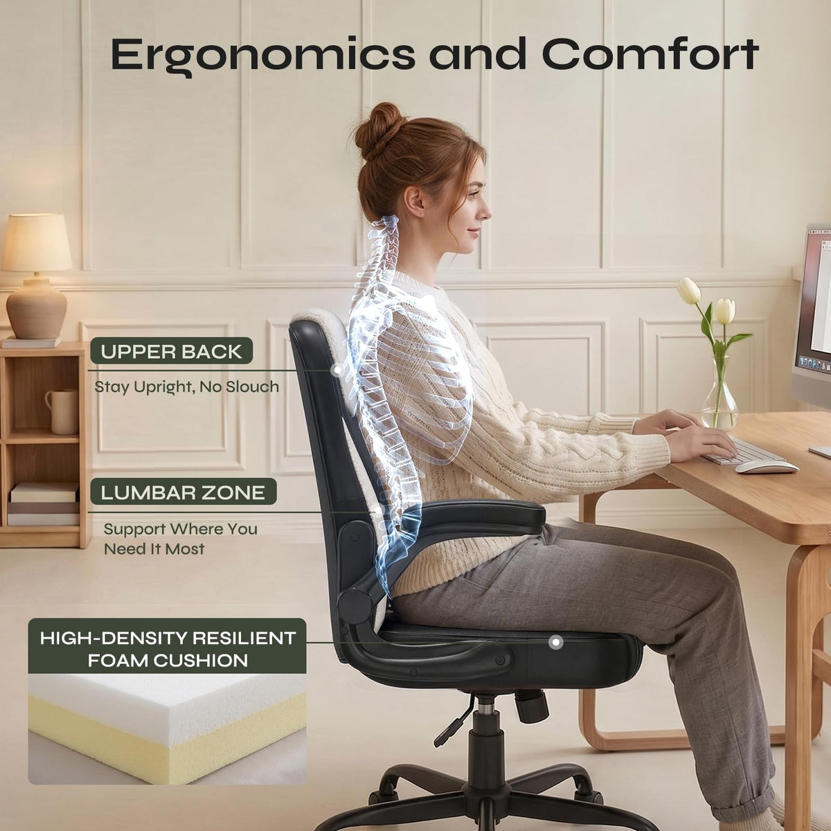 PU Leather Mid-Back Office Chair, Flip-Up Arms, 3.5" Dual-Layer Cushion