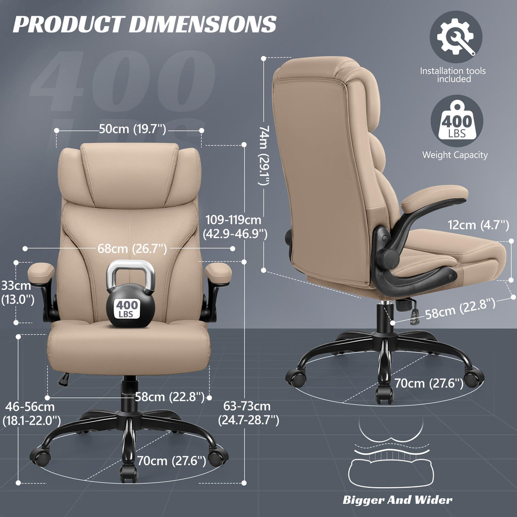 HeroSet Office Chair, Ergonomic Big and Tall Computer Desk Chairs, Executive Breathable Leather Chair with Adjustable Flip-up Armrests, Lumbar Support Swivel PC Chair with Rocking Function,Matte Black