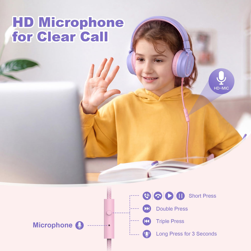 AILIHEN I35 Kids Headphones for School with Mic, 93dB Volume, Green Purple