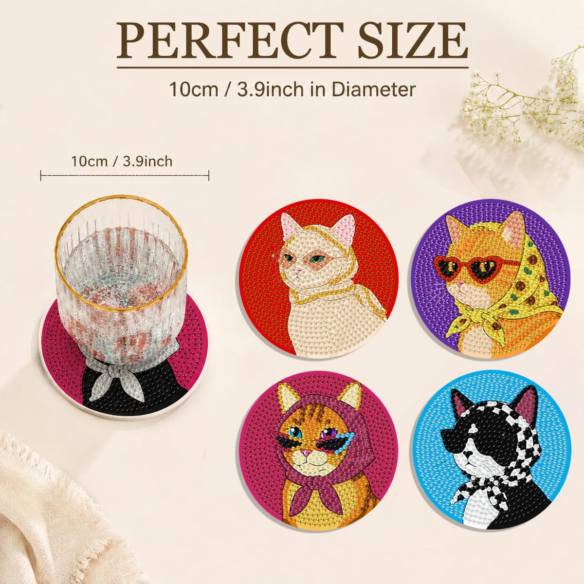 Puraikcmi 8PCs Diamond Paintings Coasters Kits Set, Funny Cat Diamond Art Coasters with Holder, DIY Crafts Diamond Art Kits Adult Craft Diamond Dots Gift