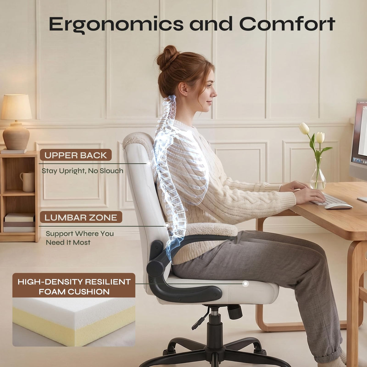 PU Leather Mid-Back Office Chair, Flip-Up Arms, 3.5" Dual-Layer Cushion