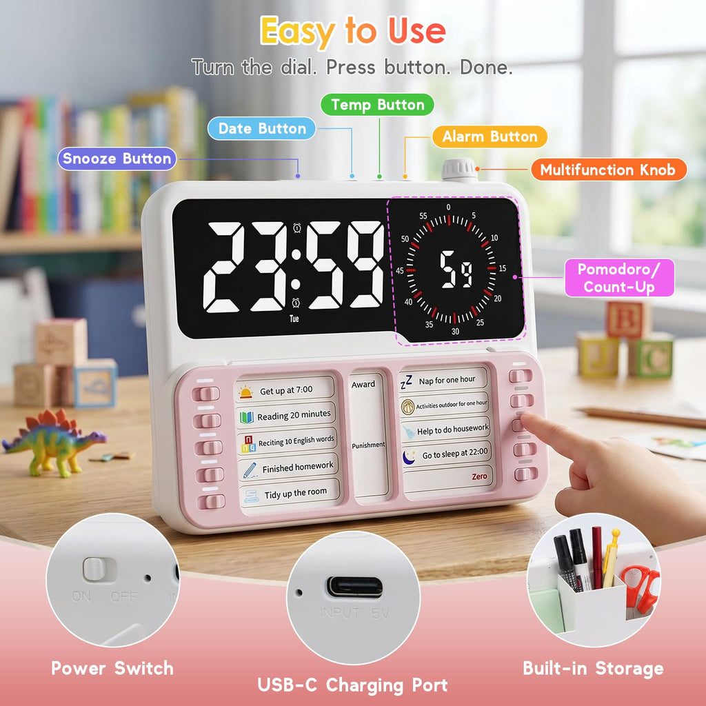 7-in-1 Visual ADHD Timer for Kids with Chore Chart Board, ADHD Tools Schedule for Kids with Autism, Alarm, Countdown, Date, Temperature, Storage, Daily Checklist for Home/School/Classroom/Desk(Blue)