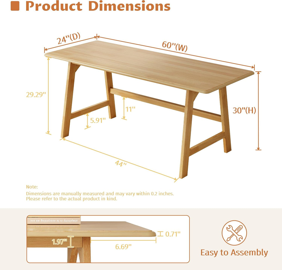 IOTXY Solid Wood Writing Table - 60" W Minimalist PC Computer Desk, Oak