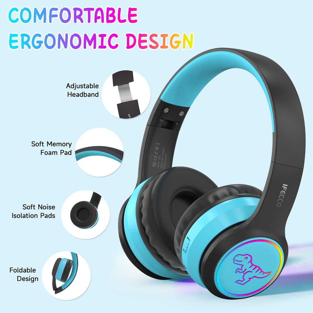 IFECCO Kids Bluetooth Headphones with Case,Cute LED Light Up Cat Ears