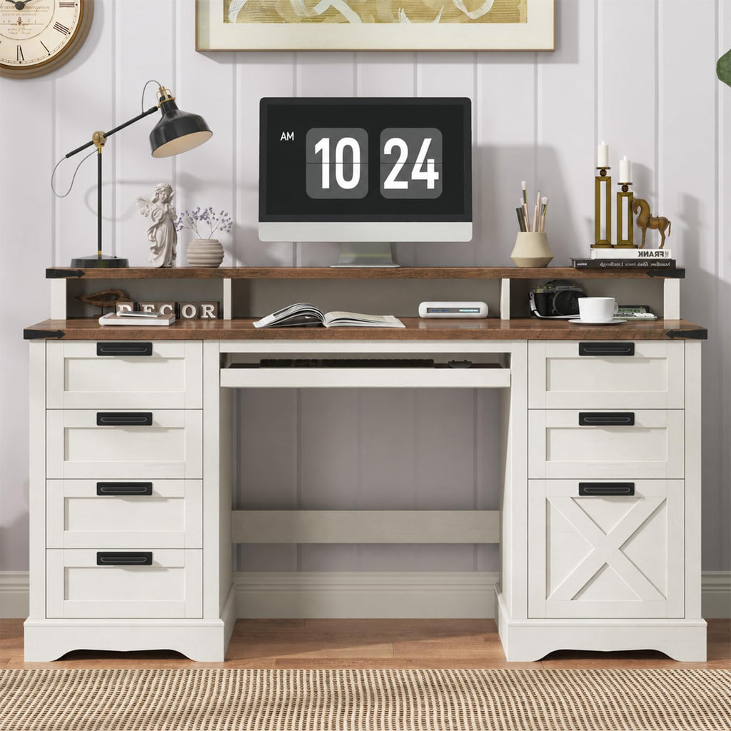 Vabches 51" Executive Desk Farmhouse Home Office Desk with Charging Station, LED Light, File Drawer, Storage Cabinet, Monitor Stand, Wood Computer Desk with Hutch for Work Study Writing (White)
