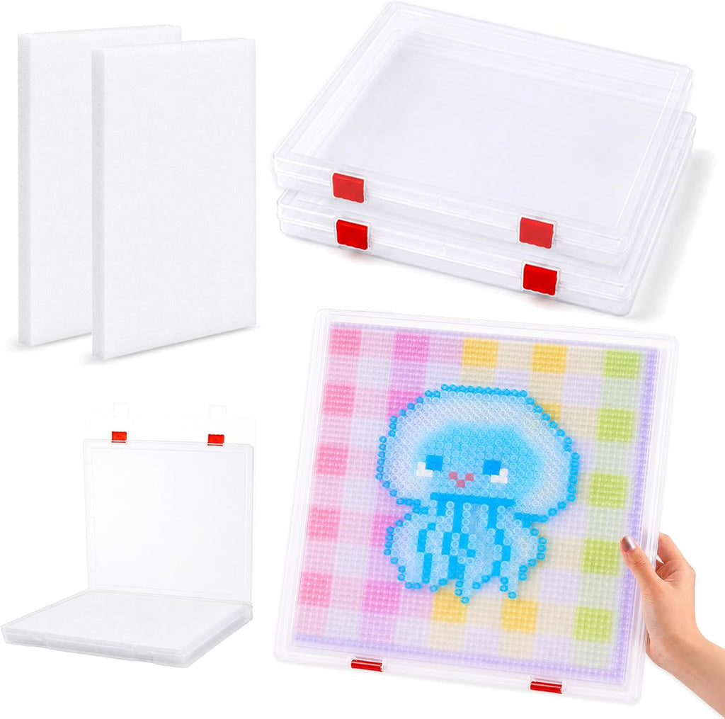 TOSGN 2 Pack Fuse Bead Storage Box, Clear Plastic Project Case with Removable Foam Pads and Secure Snap Latches, 12.6 x 12.4 x 1 in Craft Storage Organizer for Unfinished Bead Art and Pegboards