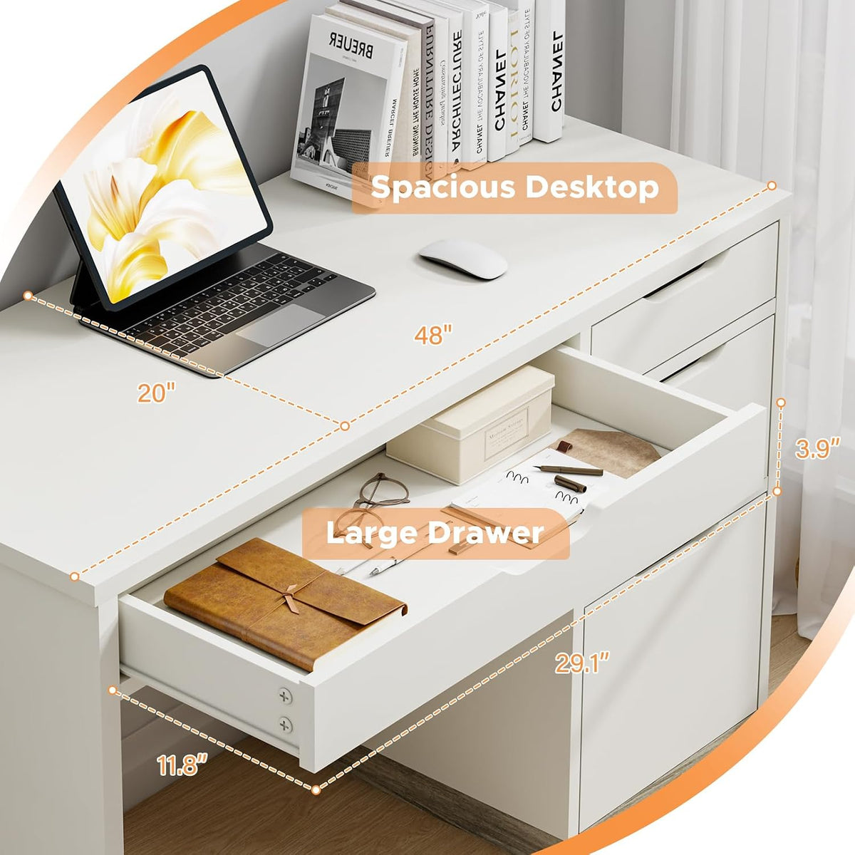 MaverickFurni White Desk with Drawers, 48 Inch Small Computer Desk