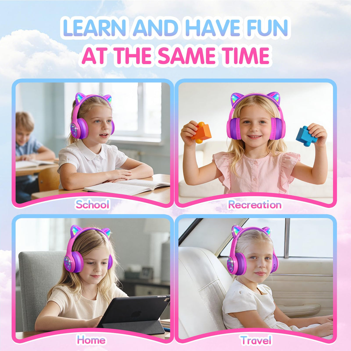 IFECCO Kids Bluetooth Headphones with Case,Cute LED Light Up Cat Ears
