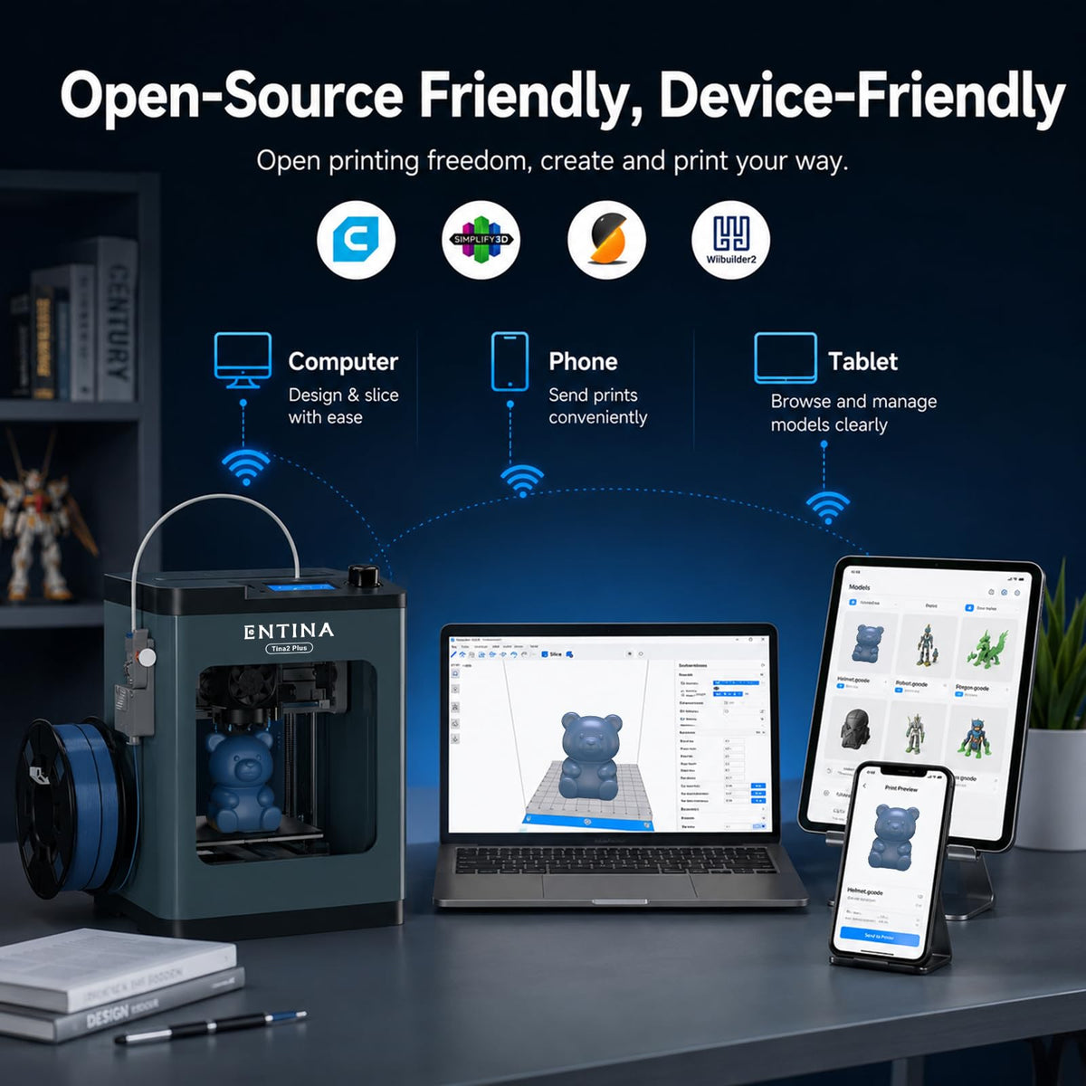 Entina Tina2C 3D Printer for Beginners, Fully Assembled Starter Mini 3D Printer, Start in 8 Mins, App & WiFi Control, Auto Leveling, 3500+ Model Library, 25+ Creative DIY Modules for STEM, Home