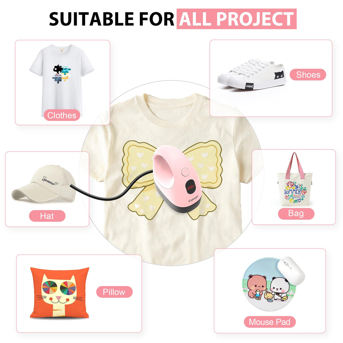 Calogy Mini Heat Press, Heat Transfer Machine, Constant Temp Control, Insulated Safety Base, Fits for Crafts, T-Shirt, Hat, Cap, Pillows(White Pink)