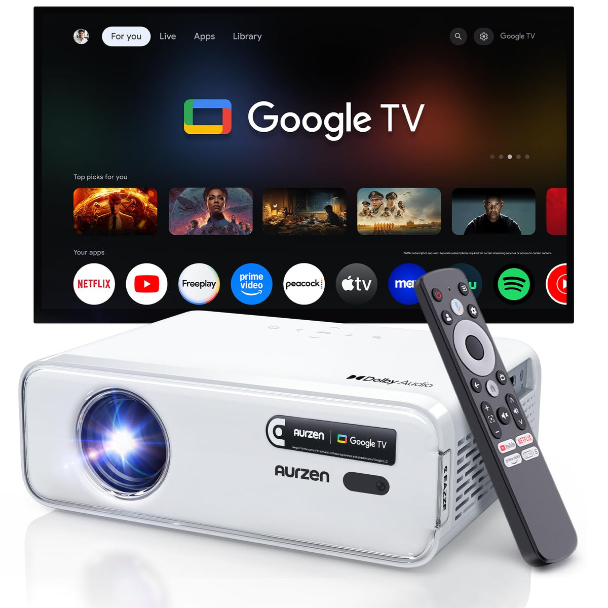 Aurzen Roku TV D1R Smart Portable Outdoor Projector with WiFi and Bluetooth