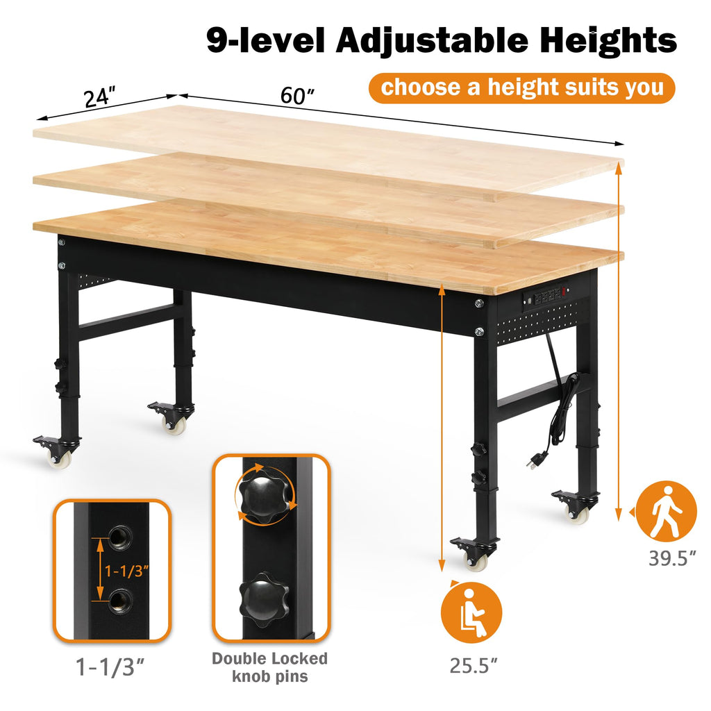 Betterhood 48" Heavy-Duty Adjustable Workbench for Garage, Rubber Wood Shop Table W/Metal Wheels, Hardwood Workstation Weight Capacity Over 2000 Lbs with Wheels