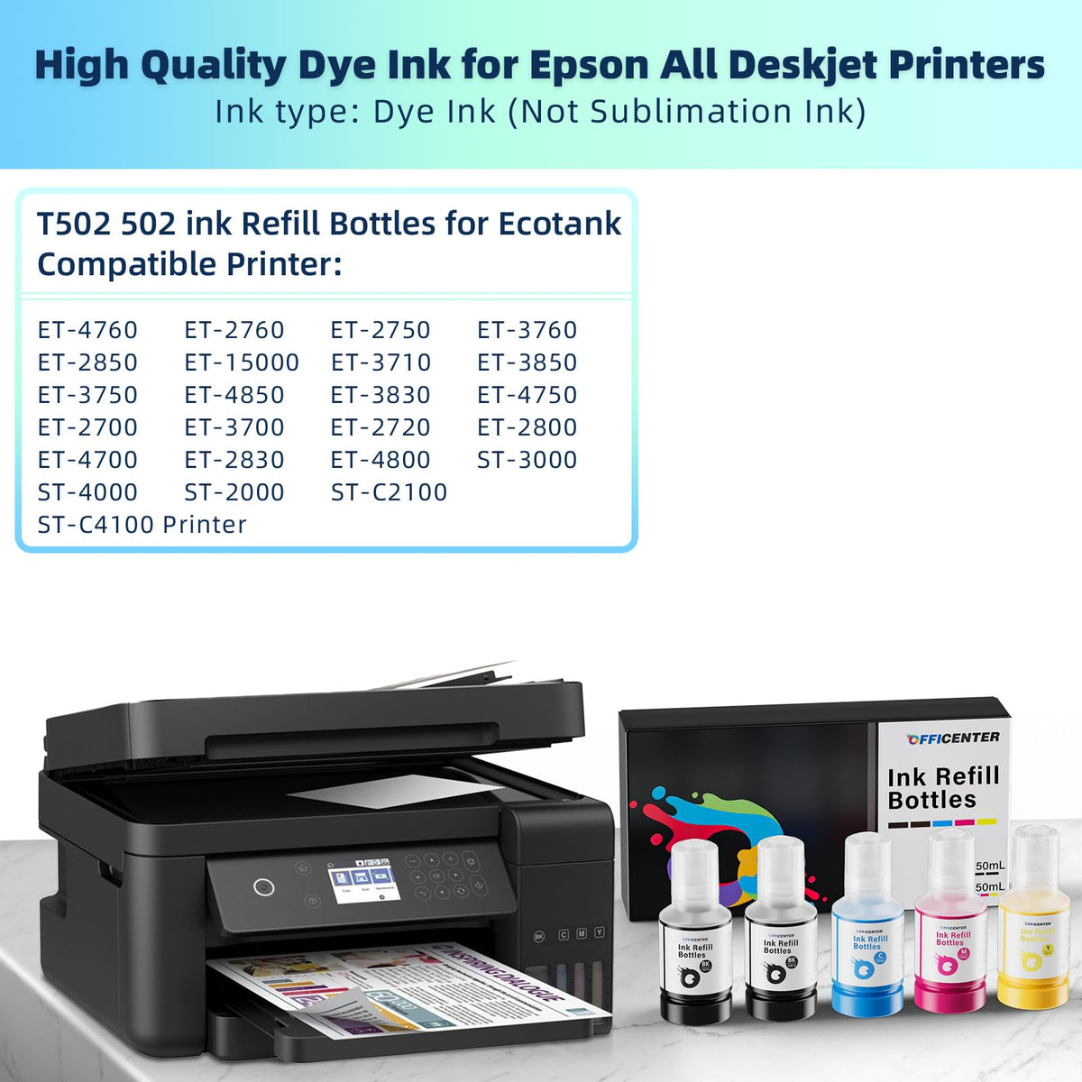 OFFICENTER Compatible Ink Refill Bottles for ET2760 ET-4760 ET2750 ET-3760 ET-2850 ET-15000 ST-4000 ST-2000 ET-3710 ET-3850 ET-3750 ET-4850 ET-3830 ET4750 ET2700 ST3000 ET3700 Printer(2BK C M Y)