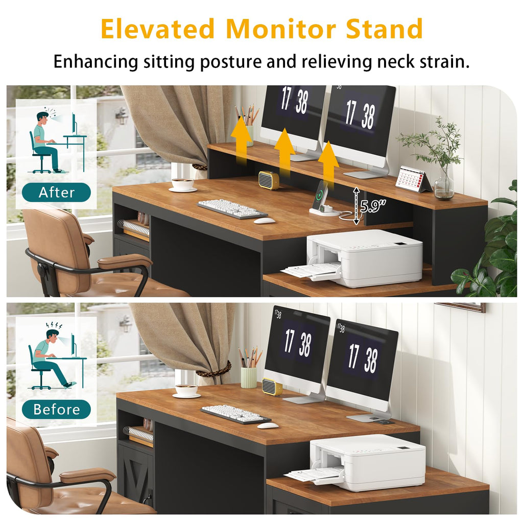 65" Farmhouse Computer Desk with Drawers and Printer Stand for Home Office