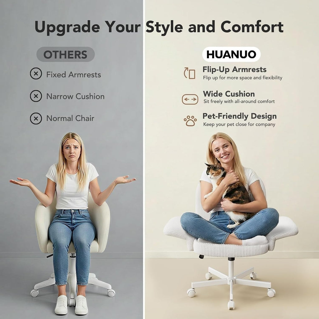 HUANUO Criss Cross Office Chair for Girls with Adjustable Armrests, White