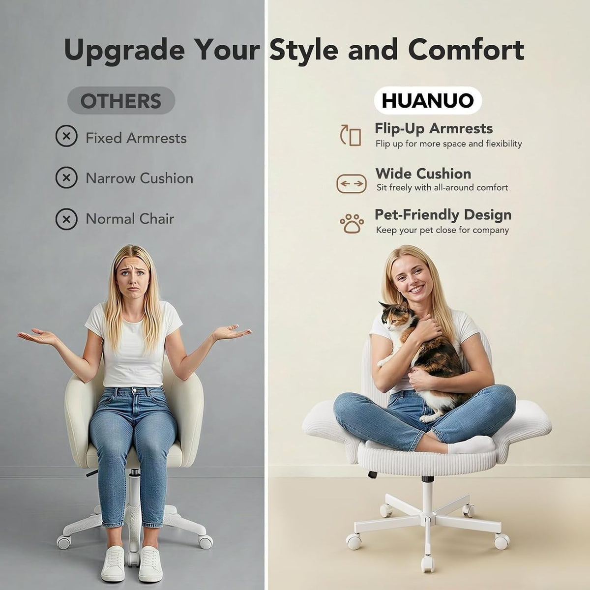 HUANUO Criss Cross Office Chair for Girls with Adjustable Armrests, White