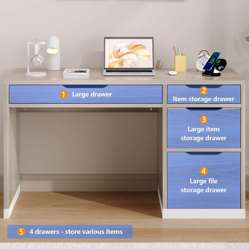 MaverickFurni White Desk with Drawers, 48 Inch Small Computer Desk