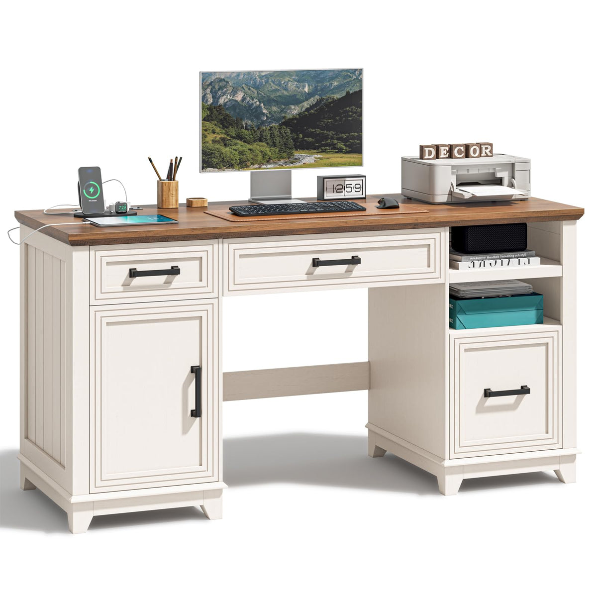 Vabches 51" Executive Desk Farmhouse Home Office Desk with Charging Station, LED Light, File Drawer, Storage Cabinet, Monitor Stand, Wood Computer Desk with Hutch for Work Study Writing (White)