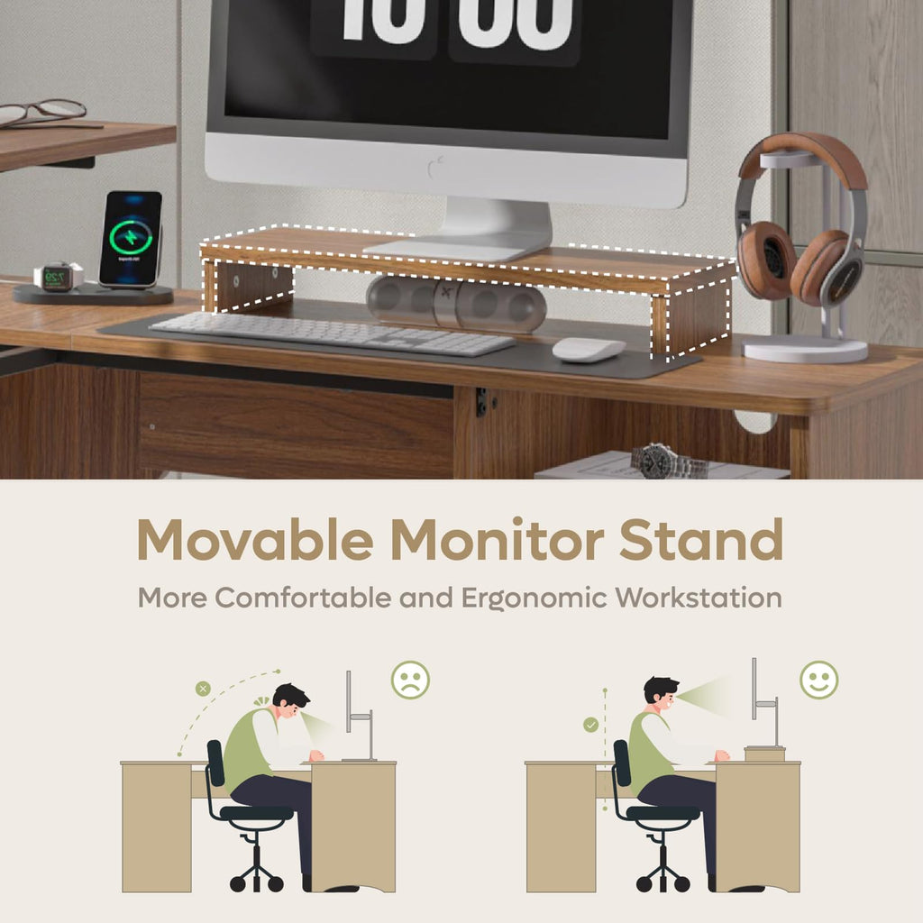 Bestier: 55" L-Shaped Student Study Desk with Manual Lift Top, USB Charging & File Drawer