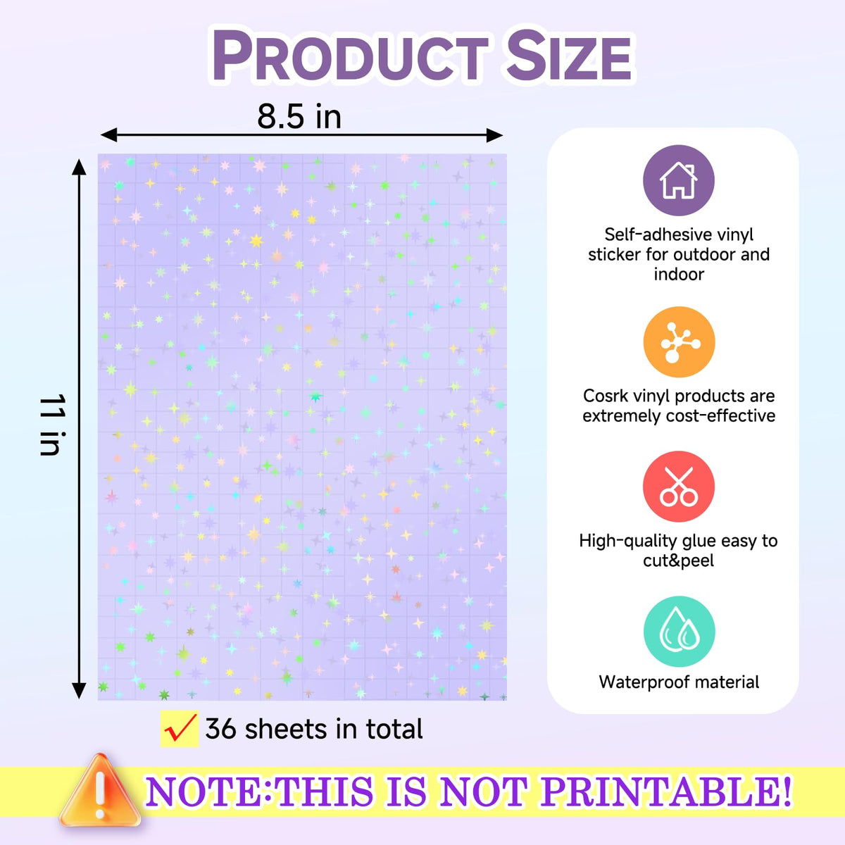 36 Sheets Holographic Laminating Sheets Clear Self Adhesive Sticker Paper