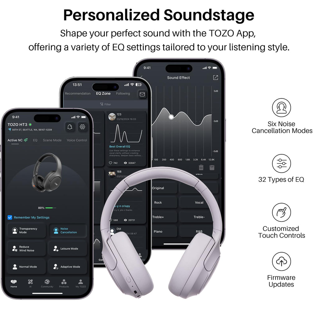 TOZO HT3 Hybrid Noise Cancelling Wireless Headphones, 90H Over Ear Headset