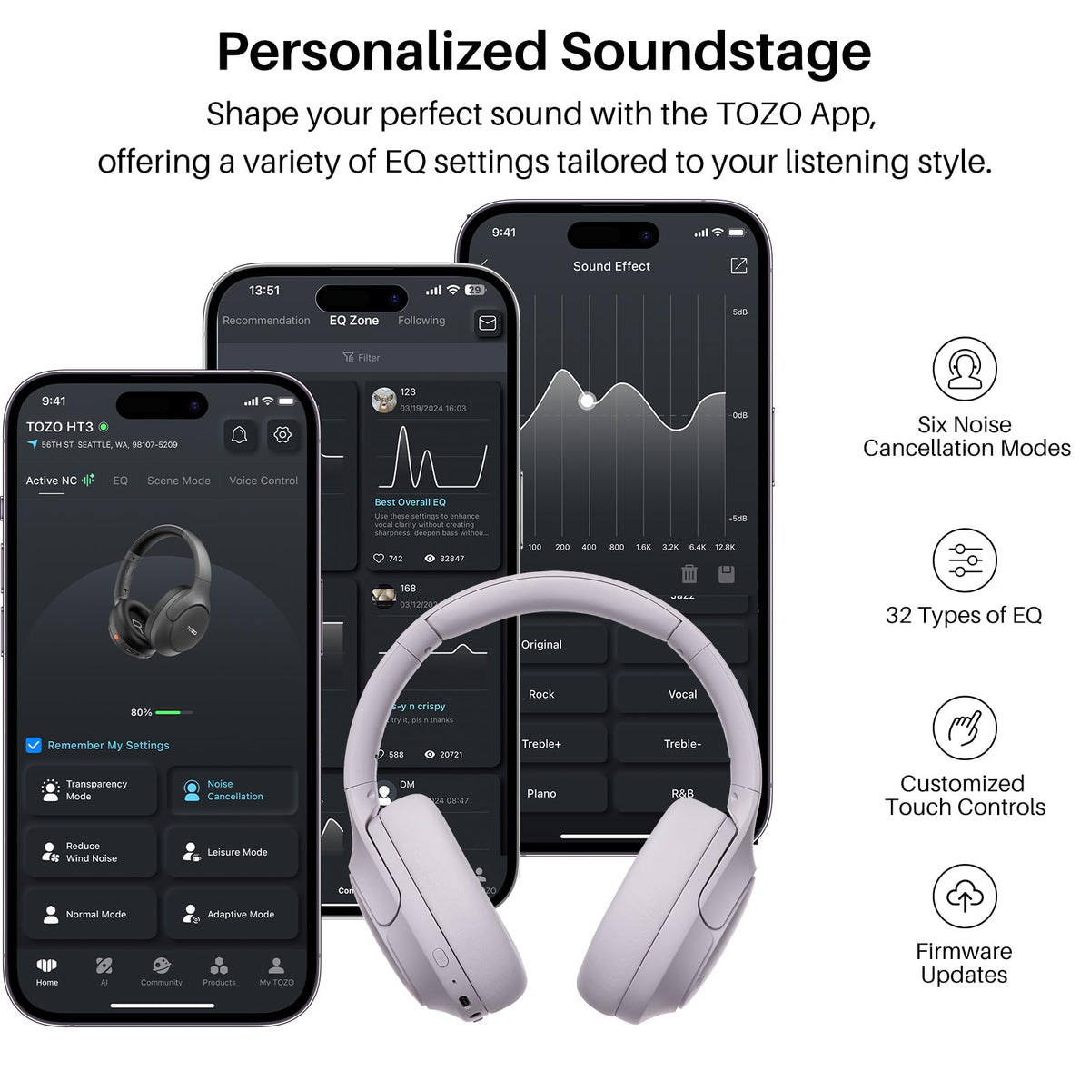 TOZO HT3 Hybrid Noise Cancelling Wireless Headphones, 90H Over Ear Headset