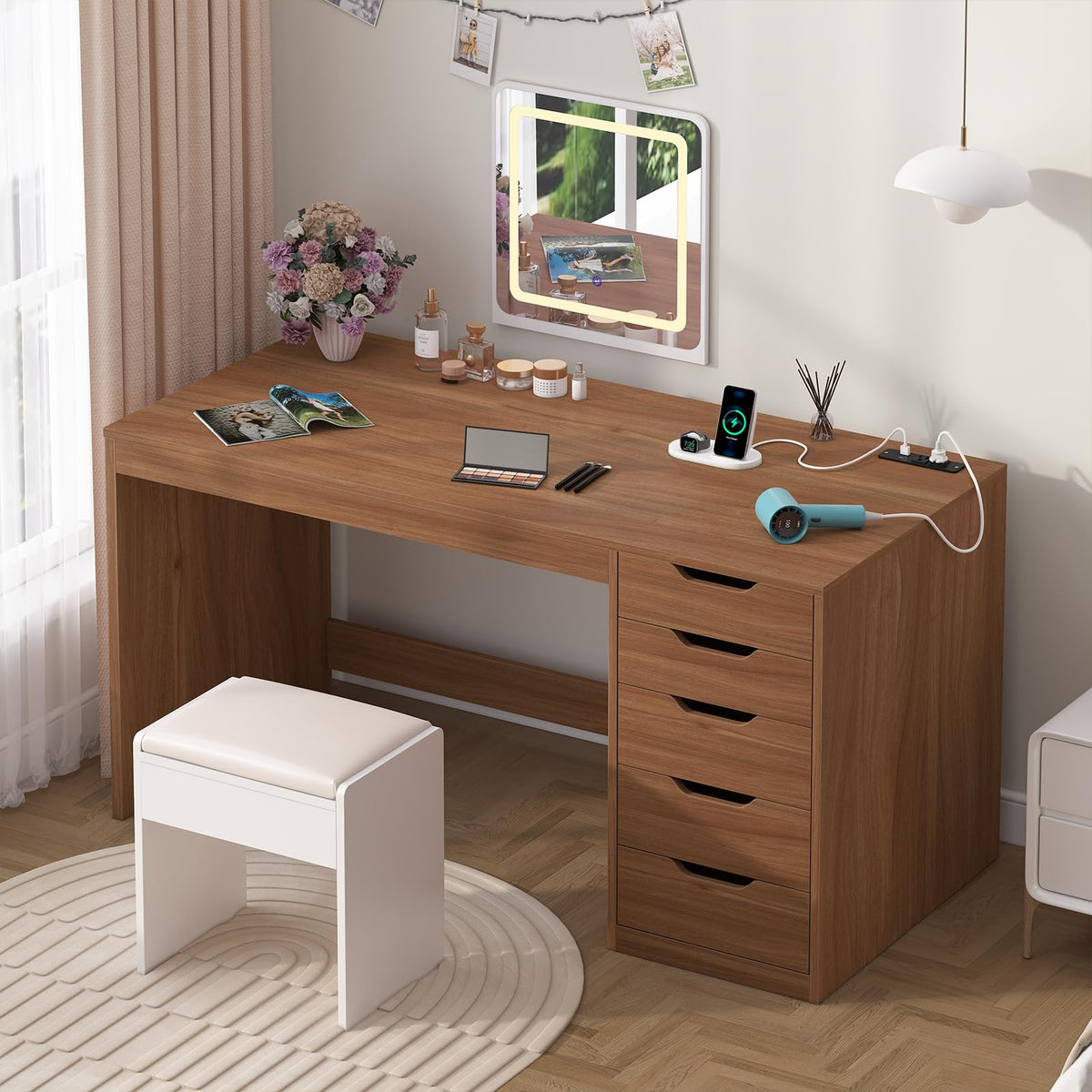 YOMILUVE: 47" Computer Desk with 5 Drawers & Charging Station