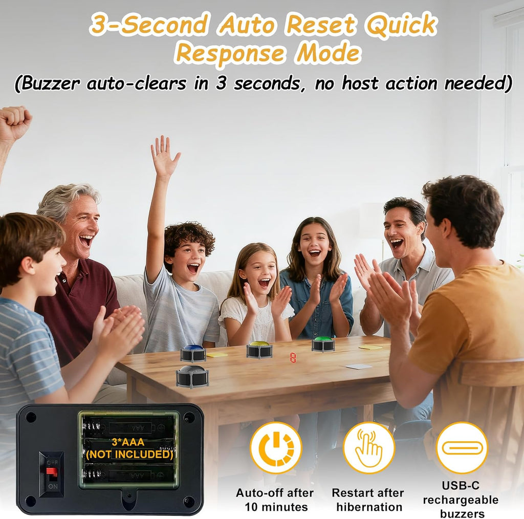 Buzzers for Trivia Games, Rechargeable Answer Buzzers for Classroom with Light, Show Who Buzzed First, 3-Second Auto Reset Buzzer System for Game Show, School, Jeopardy, Family Feud Night (8 Colors)