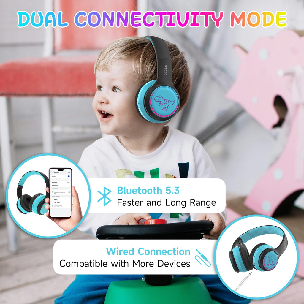 IFECCO Kids Bluetooth Headphones with Case,Cute LED Light Up Cat Ears