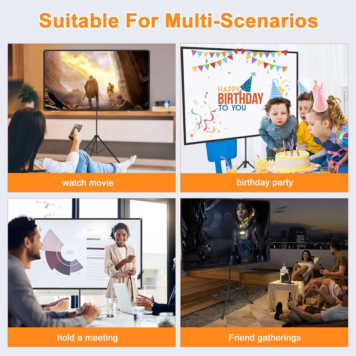 Projector Screen with Stand, 80 Inch Portable Projector Screen Outdoor Indoor, 1.2 Gain Fiberglass Projection Screen, 16:9 Outdoor Movie PVC Screen with Carrying Bag for Movie Night(White Screen)
