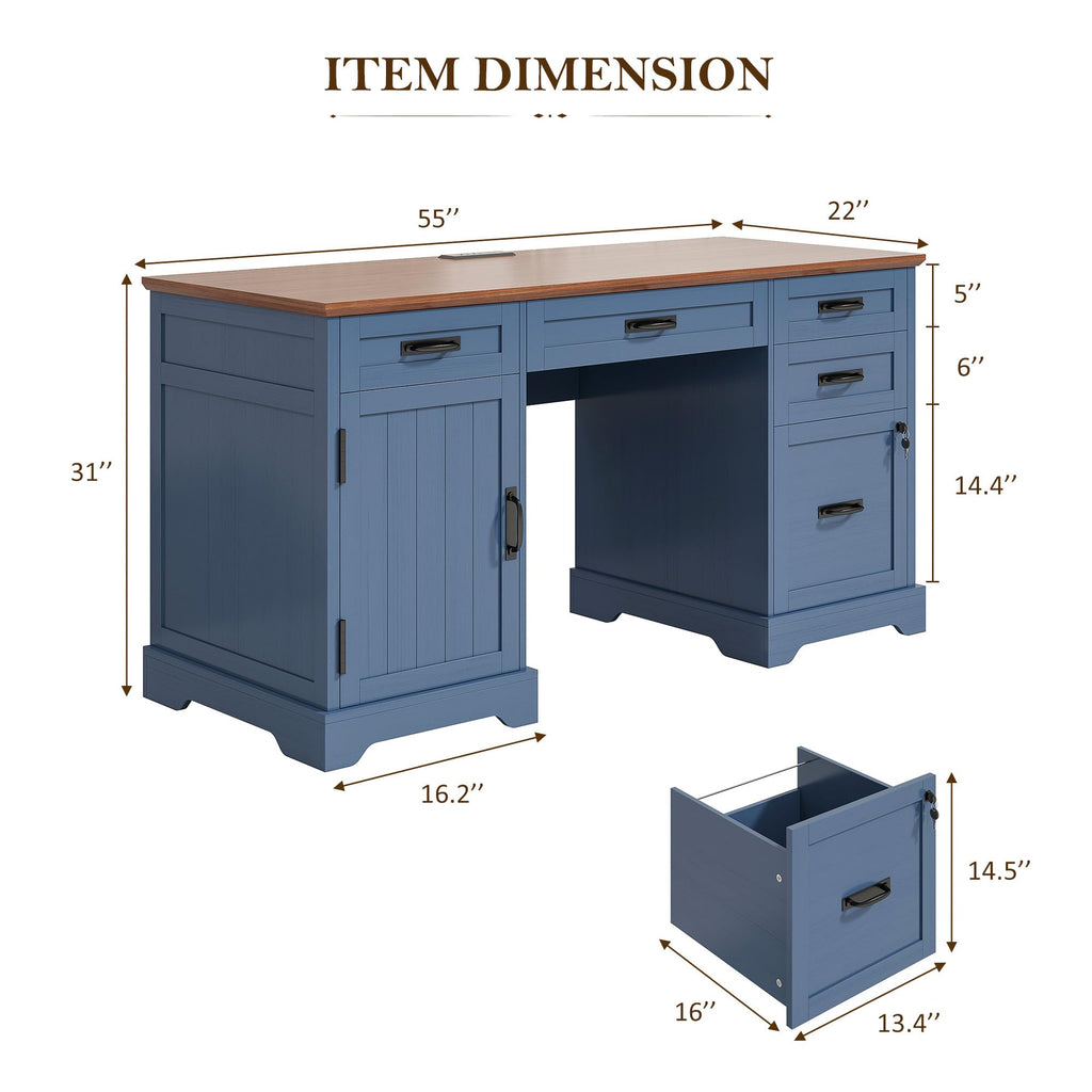 Whalefall: 55" Farmhouse Executive Desk with Drawers & Charging Station