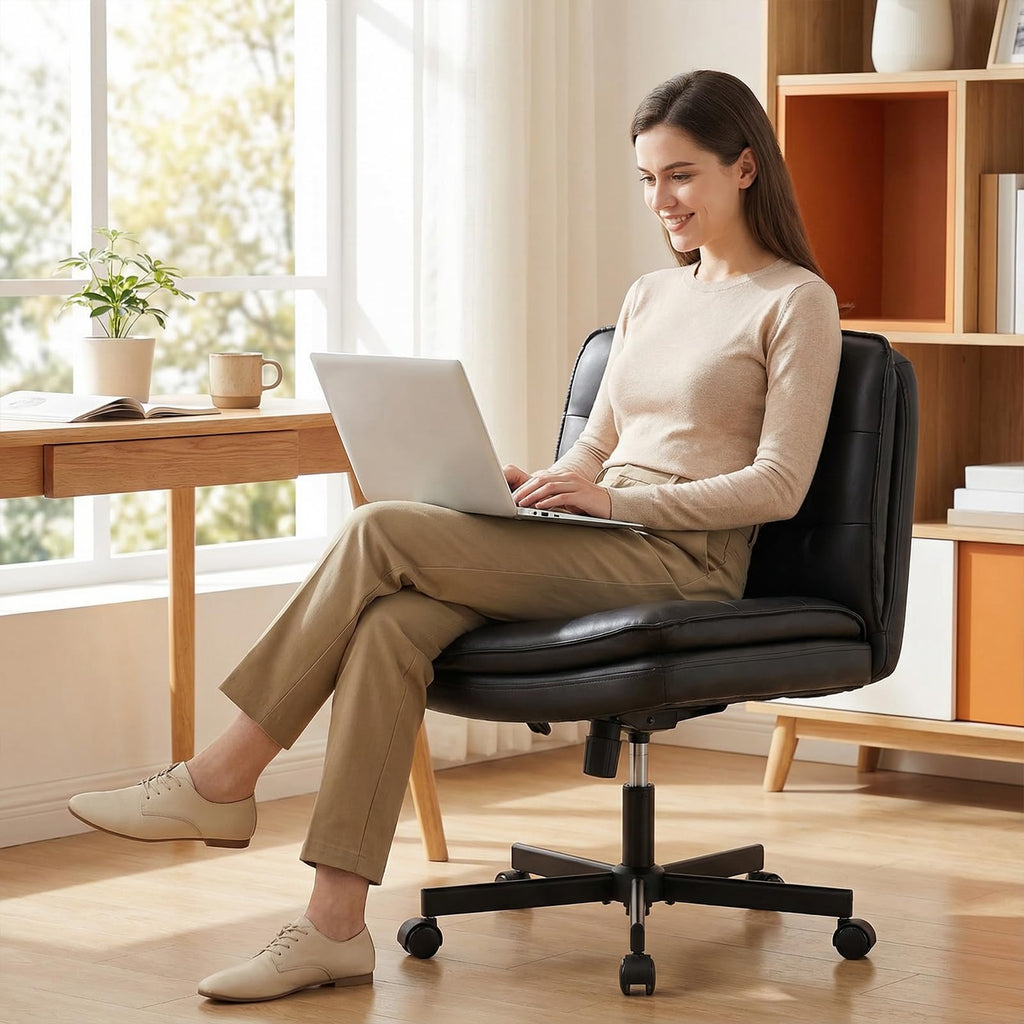 GTPLAYER Cross Legged Office Chair, Armless Desk Chair Cute Vanity Chair with Wheels Computer Chair Comfy Wide Office Chair Adjustable Swivel for Home Computer Task,Soft Velvet, Dark Grey