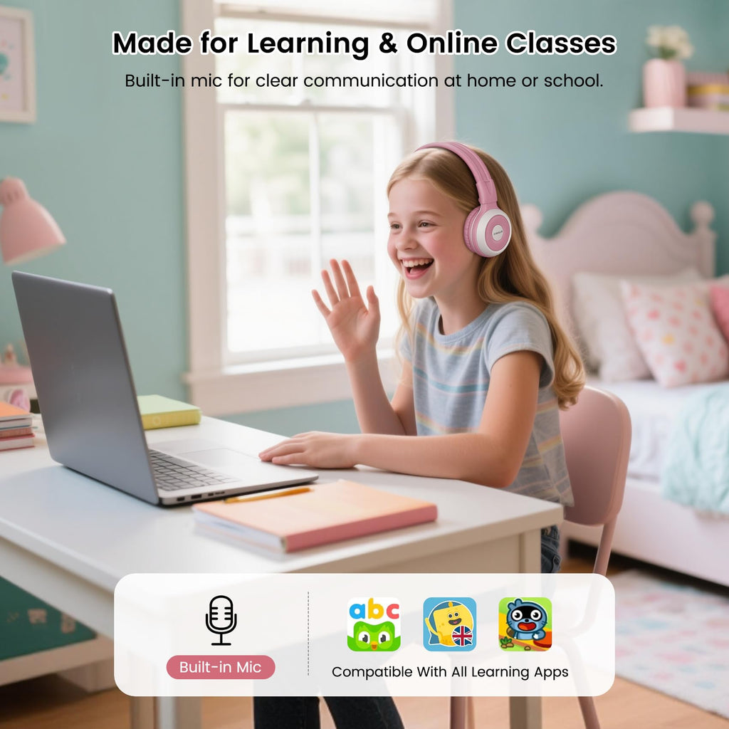 SIMOLIO Kids Wireless Headphones w/Mic for School,75/85/94dB Safe Volume
