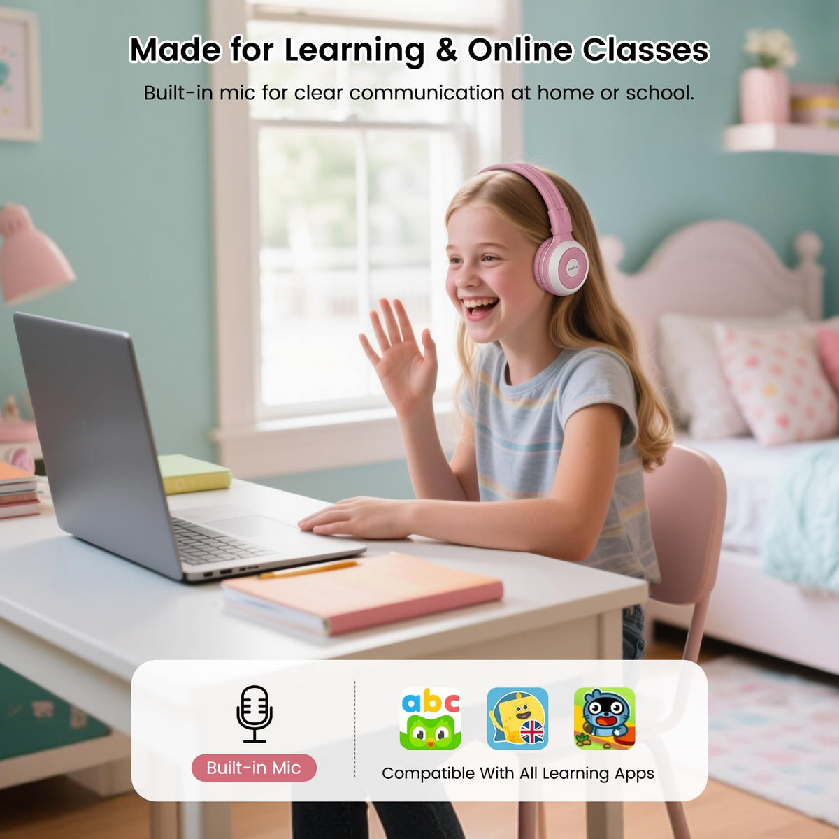 SIMOLIO Kids Wireless Headphones w/Mic for School,75/85/94dB Safe Volume